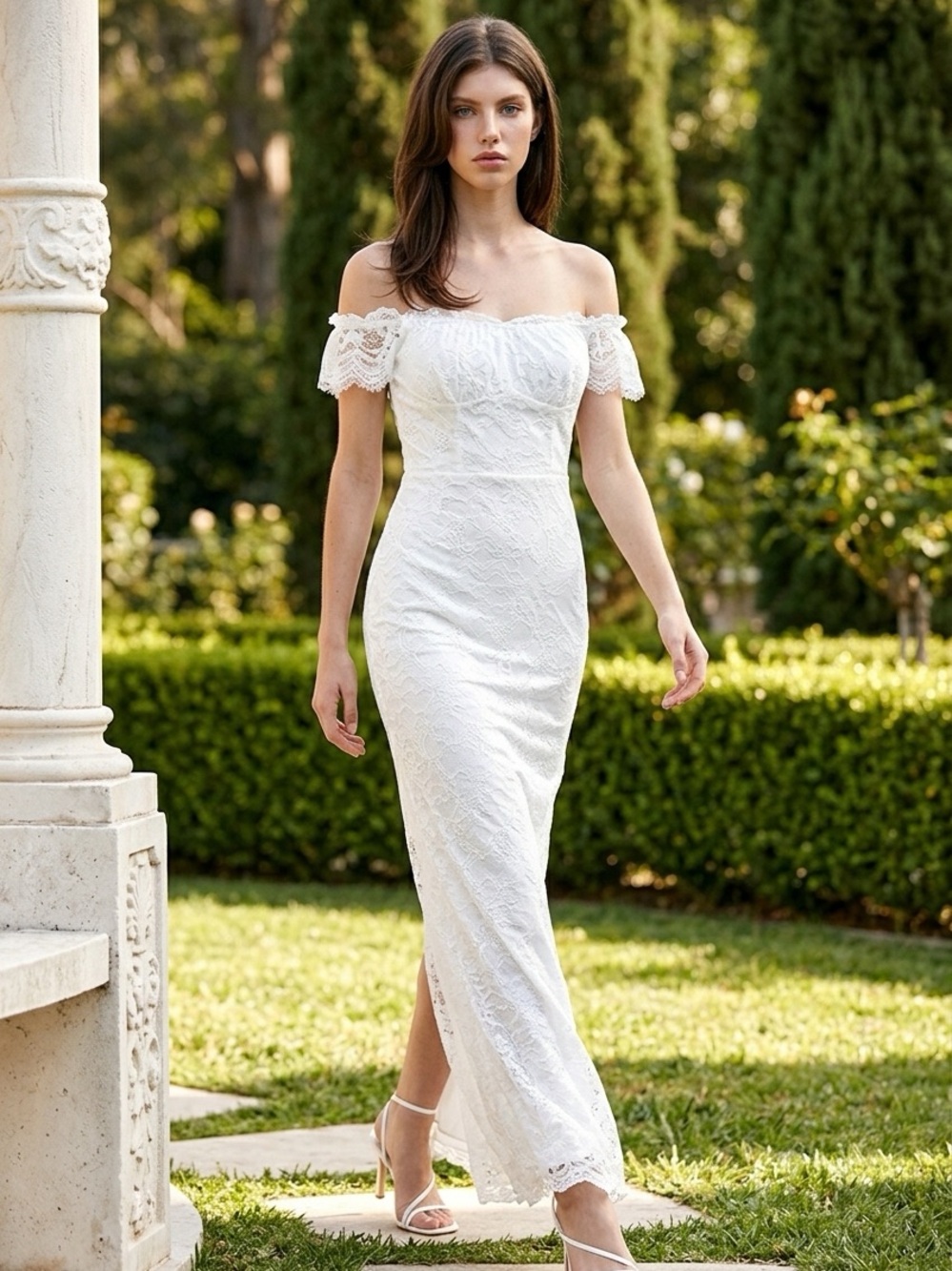 White Lace Off-Shoulder Slip Dress -